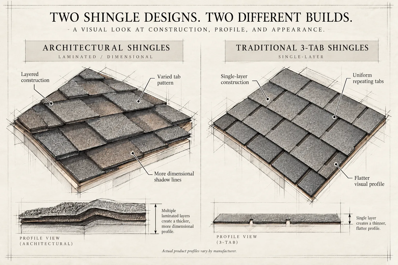 Architectural shingles are laminated, with layers that give a thicker, dimensional profile. Traditional 3-tab shingles are a single flat layer. Illustration; actual profiles vary by manufacturer.